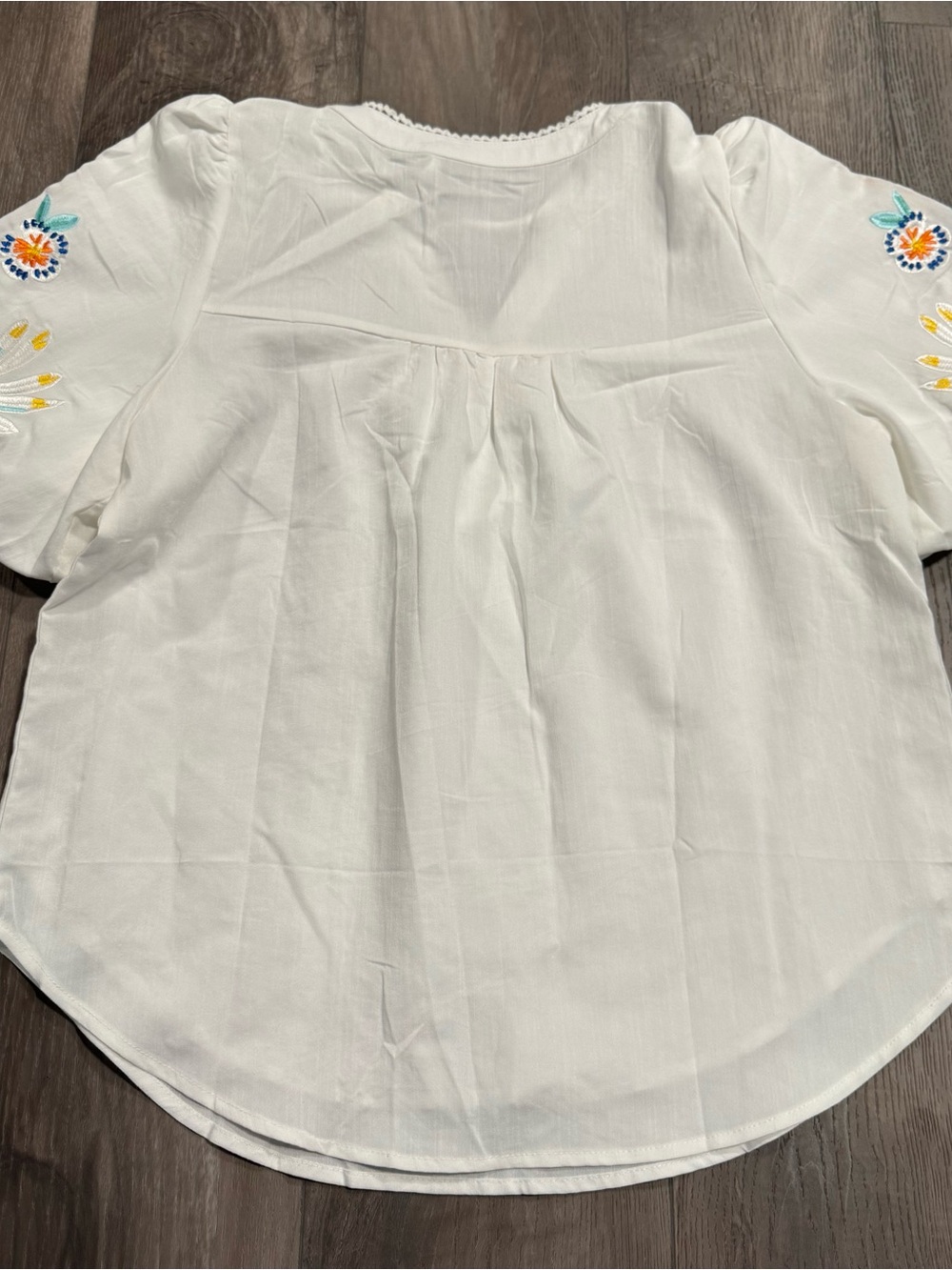 White Embroidered Peasant Blouse with Colorful Floral Sleeves - Picture 5 of 8